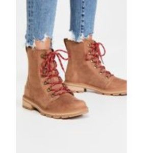 Sorel Phoenix Short Lacy Cozy Combat Boots Shearling Elk Camel Suede Waterproof